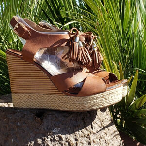 Klub Nico‎ VERONICA Cognac Brown Leather Wedge Sand